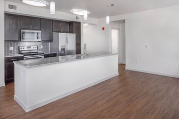 Wood-style or stained cement flooring throughout*